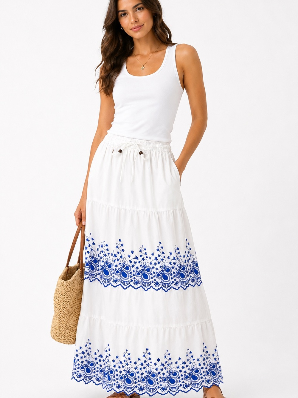 Dress Nado Blue & White Embroidered Cotton Maxi Skirt – Size Medium